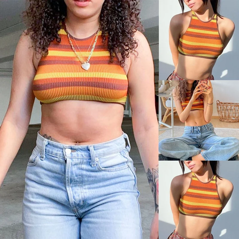 

ASDS-New Women's Round Neck Sleeveless Striped Printed Navel Slim T-Shirt Multicolor