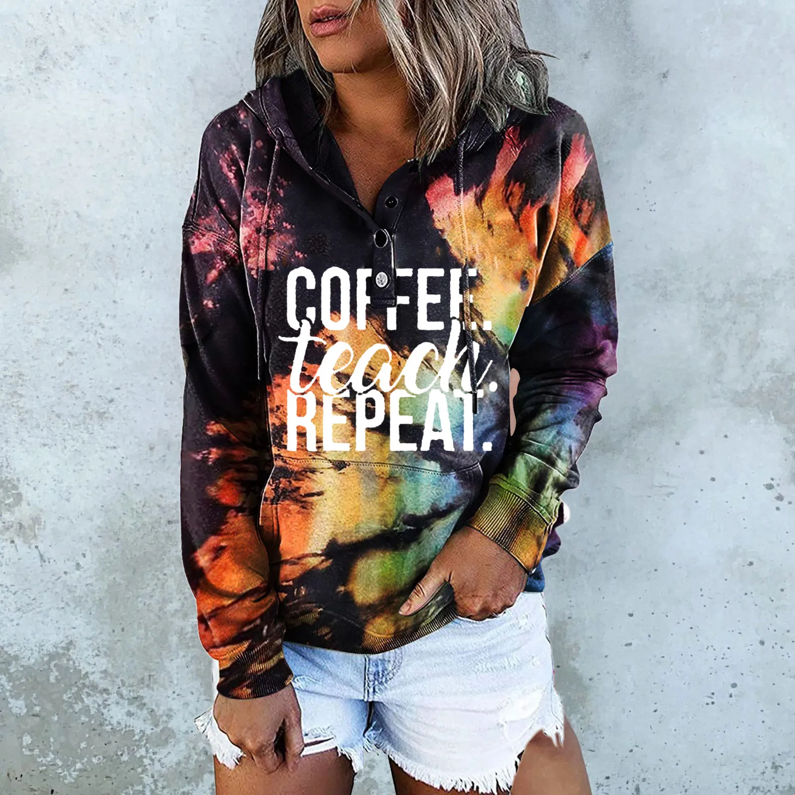 

Women's Winter Print Hooded Sweatshirt Button Long-Sleeved O-Neck Pocket Top Zip up Womens
