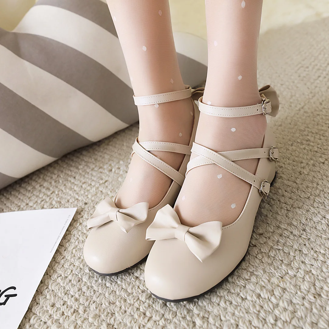 Big Feet Plus Size Women Round Toe Lolita Princess Party Shoes Ankle Strap Med Heel Leather Cosplay Pumps Sweet Bowtie Jk Black