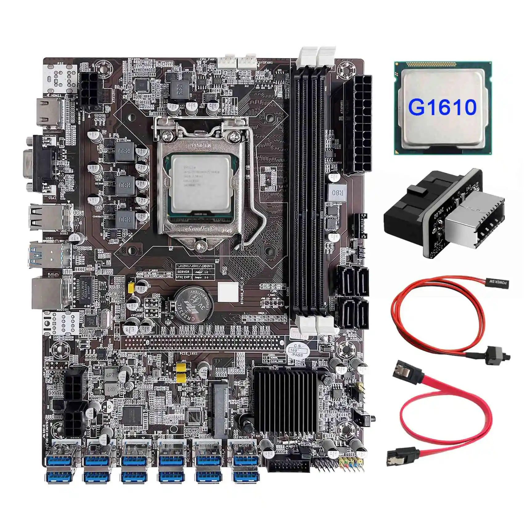 B75 12 Card BTC Mining Motherboard+G1610 CPU+USB3.0 Adapter+SATA Cable+Switch Line 12XUSB3.0 Slot LGA1155 DDR3 RAM MSATA