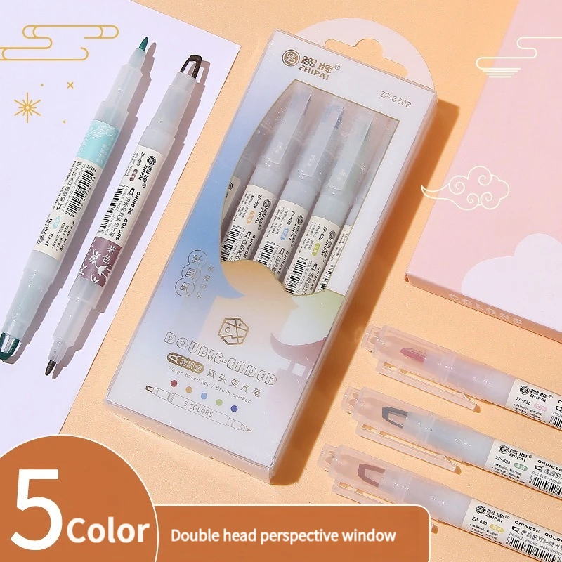 

5Color/box Kawaii Double Headed Highlighters Set Macaron Color Fluorescent Pens Japanese Cute Manga Art Stationery Markers