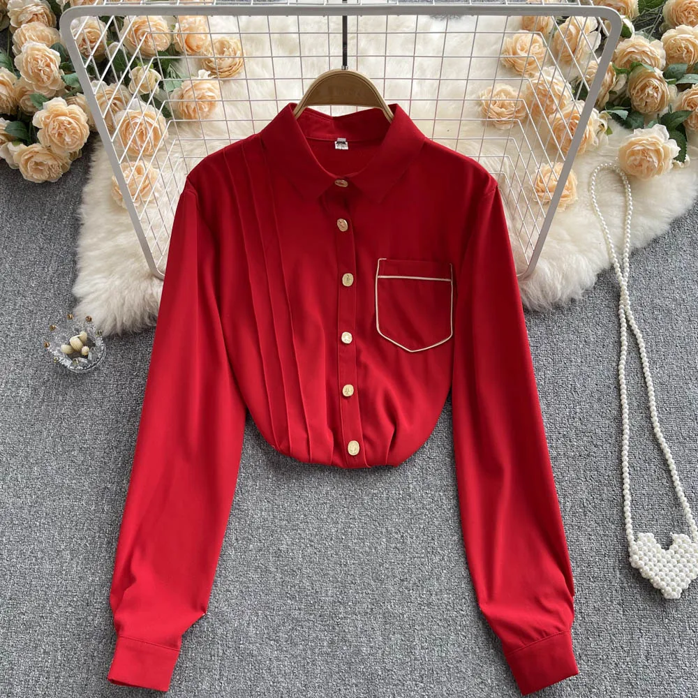 

Red Long-sleeved Shirt Top Autumn Women's Loose and Thin Beautiful Small Shirt