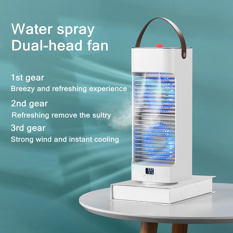 USB Rechargeable Dual-head Fan Home Desktop Air Conditioner Portable Outdoor Cooling Ventilator Double-spout Humidifier LED Lamp
