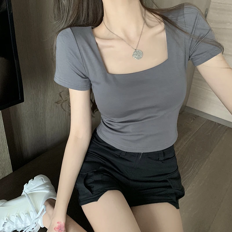 Casual Simple Slim Tees Square Neck Tops Short Sleeve Fashion Korean T-shirt Women's Summer 2023 New Casual Student Mini Tops