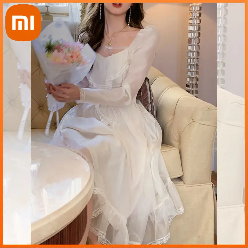 

Xiaomi Spring Fairy Elegant Midi Dress Woman Color Mesh Sweet Princess Party Dress Female Korea Casual Hiloday Vintage Dress