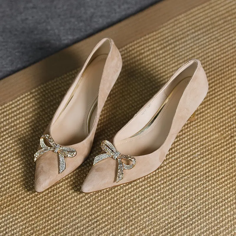 

Новинка весна-осень 2022, модные женские туфли на высоком каблуке-шпильке с острым носком, женские туфли-лодочки в стиле ретро с бантом на мале...