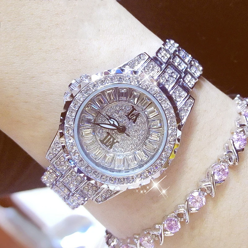 BS bee sister 2022 nuevo reloj de oro con diamantes completos para mujer, reloj elegante de lujo para mujer, relojes de pulsera de cristal plateado a la moda,pulseras mujer,reloj de mujer