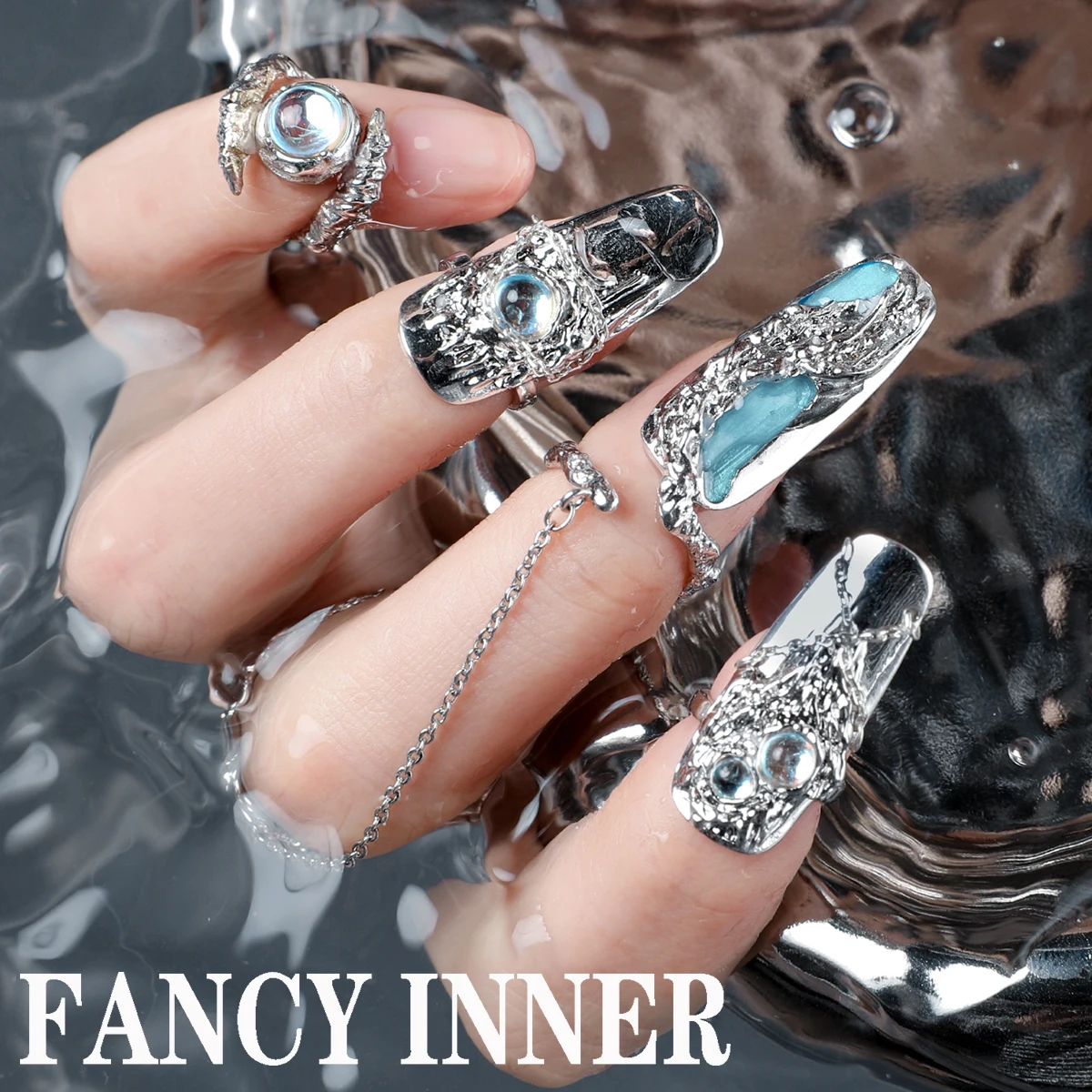 2022 New Ring Nail Armor Y2K Blue Dripping Oil Enamel Rhinestones moonstone Geometry Punk Metal Rings for Women Men jewelry