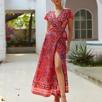 summer sexy slit lace up floral print bohemian dresses for women high waist slim maxi dress v neck short sleeve beach dress 2022