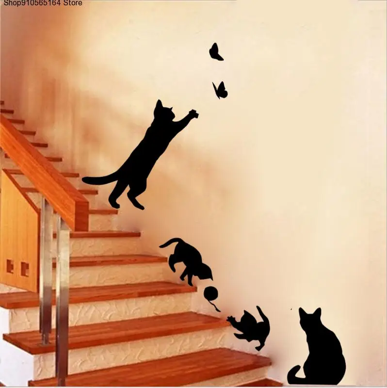 

1 Set/Pack New Arrived Cat play Butterflies Wall Sticker Removable Decoration Decals for Bedroom Kitchen Living Room Walls