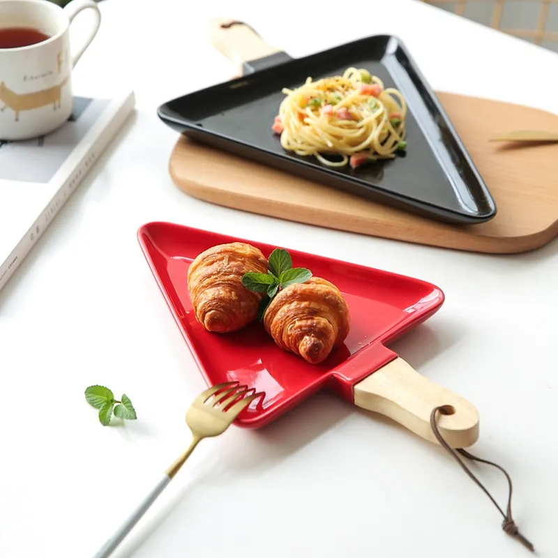 

Triangular Solid Wood Ceramic Steak Plate with Handle Dessert Plate Snack Plate Afternoon Tea Plate Bread Plate