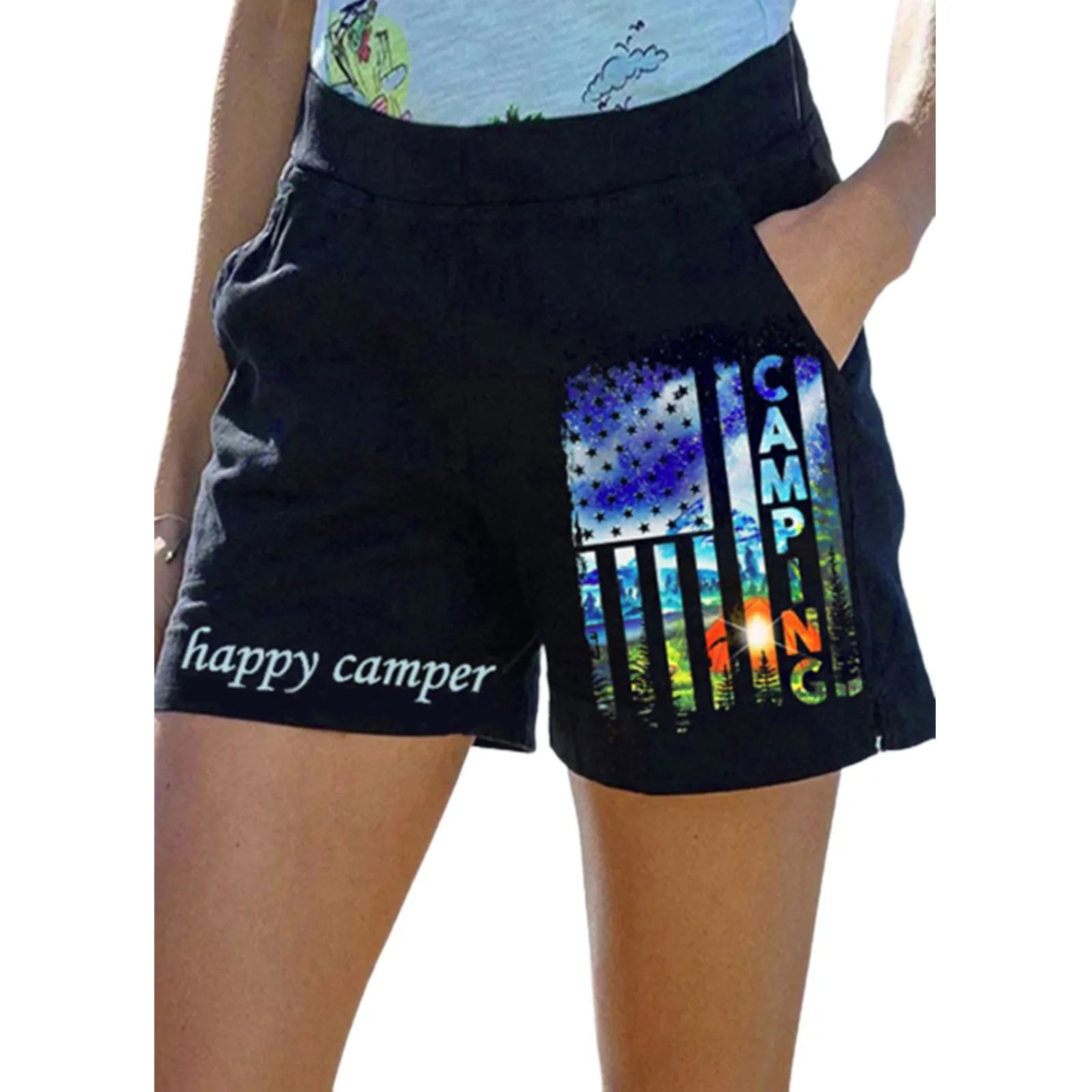 Summer American Flag Pocket Shorts Women Breathable Letter Print Camper Basketball Running Shorts High Street Loose Pants Unisex