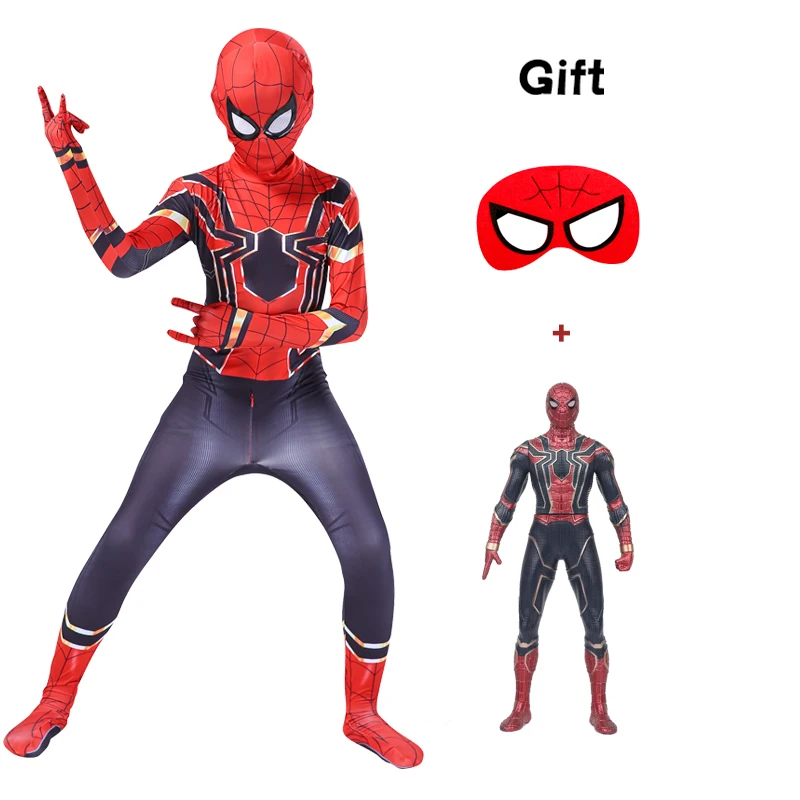 Adult Kids Iron Spiderman Cosplay Costumes Black Panther Bodysuit Attached Mask For Children Spandex Suit