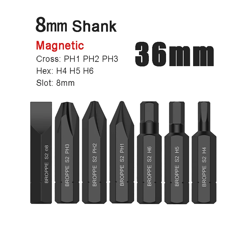 

1pcs Strong Magnetic Batch Head Cross/Hex/Slot High Hardness 36mm Long 8mm Hex Shank Screwdriver Bit Impact Bit S2 Alloy Steel
