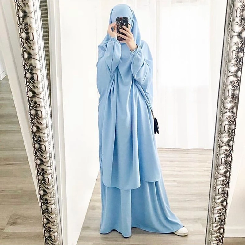 Abito Hijab da donna musulmana con cappuccio copertura completa indumento da preghiera Jilbab Abaya abito lungo Ramadan Khimar Abaya gonna Set abiti islamici