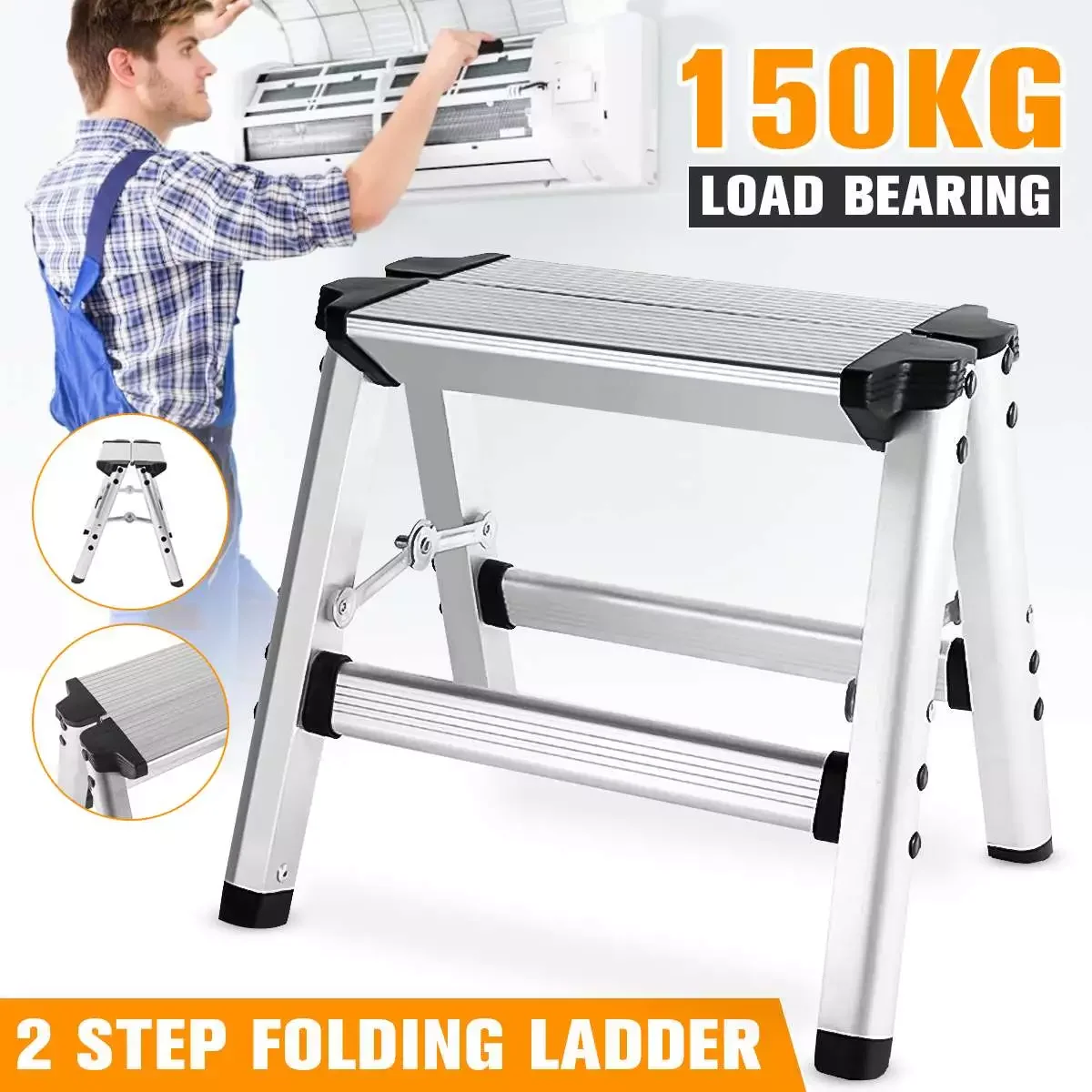 

NEW2023 150KG Maximum Load Aluminum Folding Ladder Maximum Load 2 Step Stool Ladder Anti Slip Safety Platform Ladder