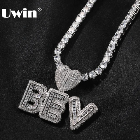 UWIN индивидуальное маленькое ожерелье с кулоном в виде багетчика с именем сердца сверкающие кубические циркониевые буквы подвески хип-хоп ювелирные изделия