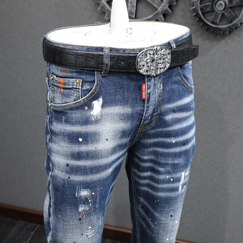 Newly Designer Fashion Men Jeans Retro Blue Elastic Embroidery Slim Ripped Jeans Men Hip Hop Painted Vintage Denim Pants Hombre
