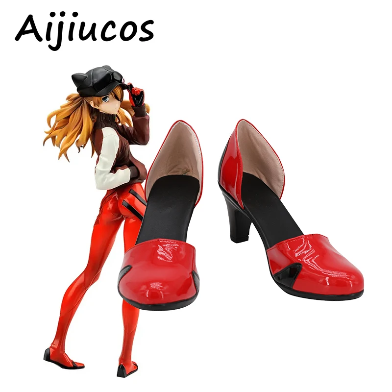 

Anime EVA Shikinami Asuka Rangure Cosplay Shoes Halloween Party Artificial Leather Red High Heel Boots Custom Made For Unisex