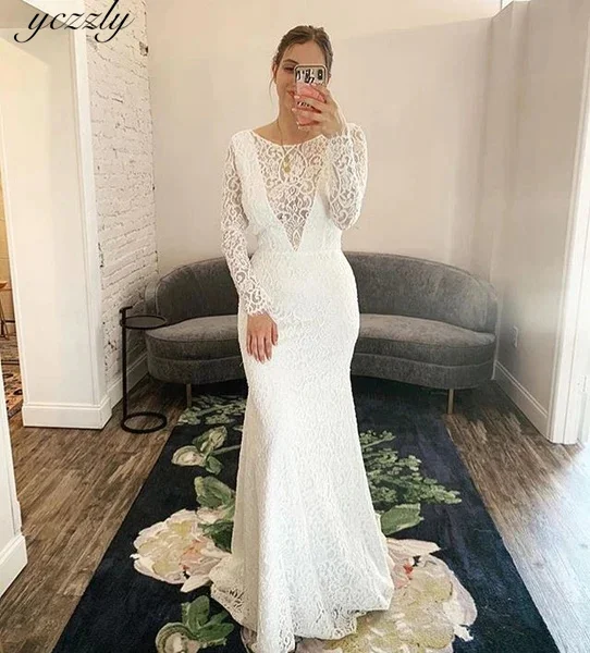 

Yczzly Mermaid Wedding Dress Long Sleeves Boat Neck Illusion Buttons Bridal Gown For Women Full Lace Pearls Vestido Blanco W348