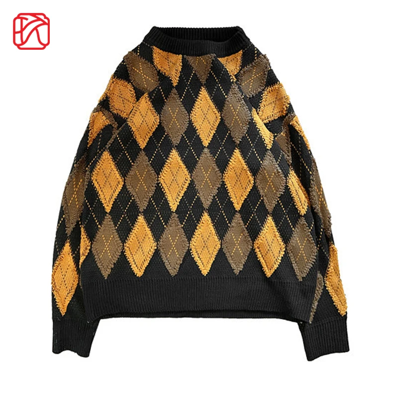 

Retro Teens Vintage Knitted Sweaters Men's Plaid Sweater Coat Couple Sweater Japanese Spring Autumn Outer Wear Contrasted Color