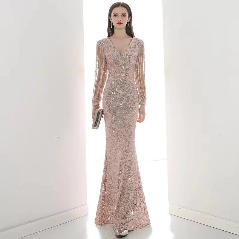 

Champagne Mermaid Prom Dresses Long Sleeve Sexy V-Neck Sequins Wedding Party Temperament Evening Bridesmaid Gowns Robe De Soiree