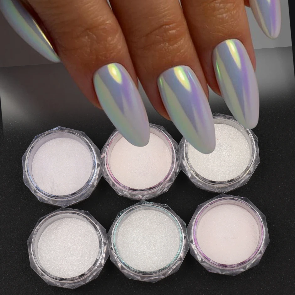 3/6pcs Mirror Pearl White Nail Powder Holographic Aurora Chrome Pigment Glitter Rubbing on Nails Art Gel Polish Decor Set JIE