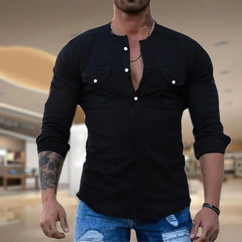 

Рубашка мужская однотонная с карманами-клапанами, повседневная майка с карманами с откидной крышкой, подходящая ко всему