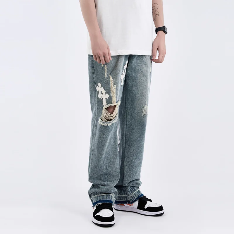 Four Seasons Men's Trousers Cross Pu Patch VIBE Trend Hole Loose Straight Mop Denim Trousers Fashion Streetwear Ins Hot Sale