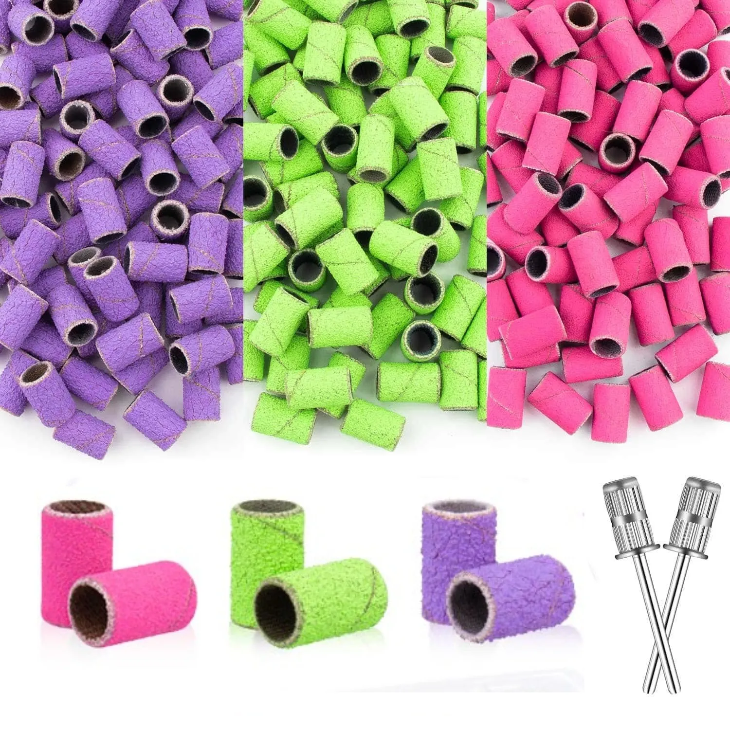 

Nail Sanding Bands Set for Manicure #80#150#240 Grits 50Pcs Colorful Fine Nail Sanding Caps with 2Pcs 3/32" Mandrel Bits Set