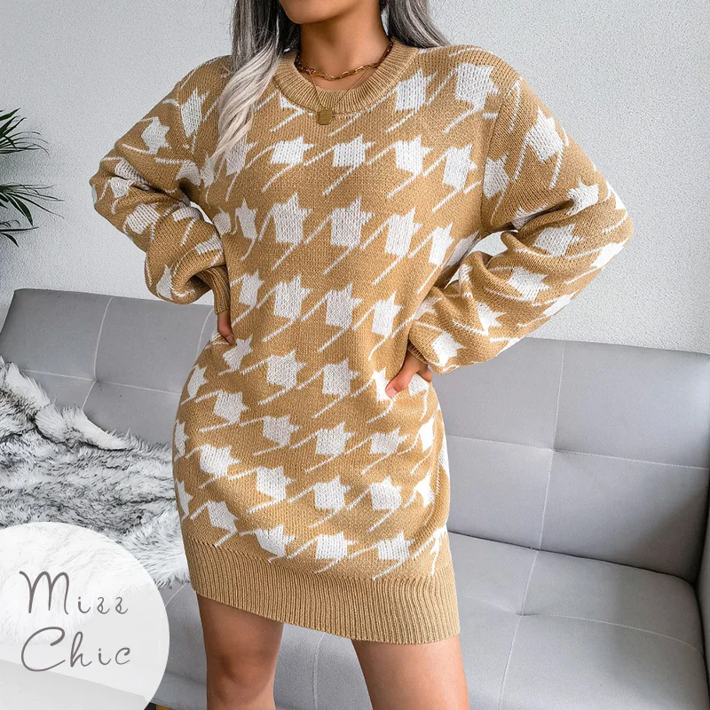 Купи Autumn Sweater Dress Elegant Print Lantern Long Sleeve Loose Pullover Knit Mini Dress Houndstooth Vestido Women Winter Clothes за 2,383 рублей в магазине AliExpress