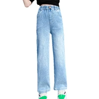 2022 spring autumn teens girls blue jeans leisure fashion wide leg pants kids child high waist trousers 6 9 8 10 12 14 years old