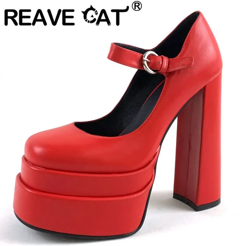 

REAVE CAT Fashion Women Pumps Square Toe 15cm High Block Heels 5.5cm Platform Buckle Strap Plus Size 34-43 Red Black Party S4018