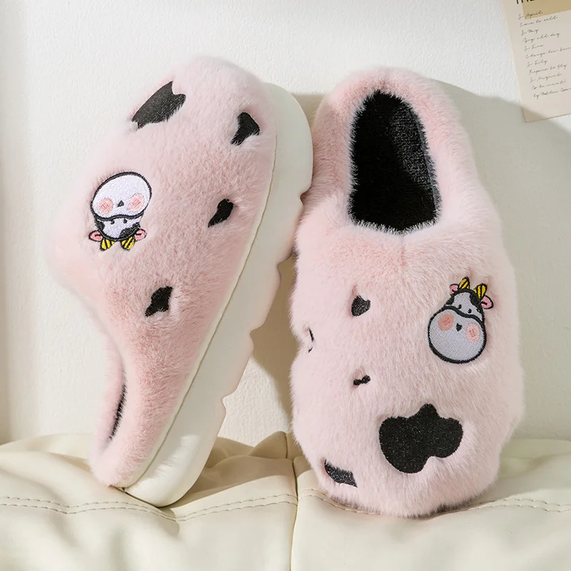 

Thick Fluffy Cow Slippers Indoor Shoes For Women Fur Mules Height Increasing Slippers Women's Home Slides Ladies Designer Sliper