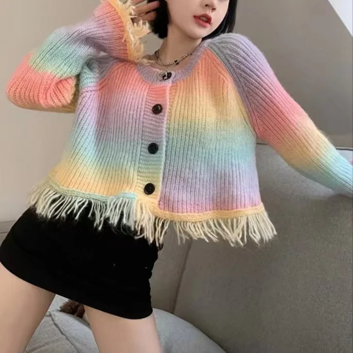 

Girls Gradient Color Rainbow Color Long Sleeve Soft Waxy Sweater Women Autumn Winter Tassels Design Slim Knitted Cardigan Women