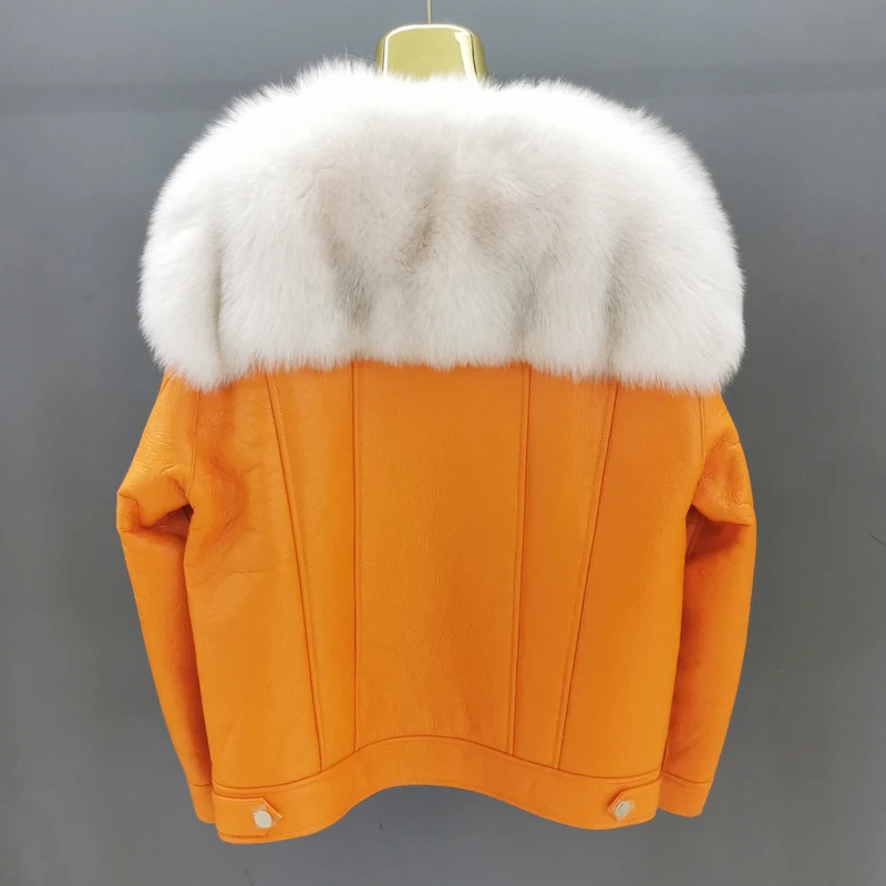Winter Jackets For Women's Leather Coats With Real Big Fox Fur Collar Genuine Sheepskin Leather With Lamb Fur Outwear  jackets