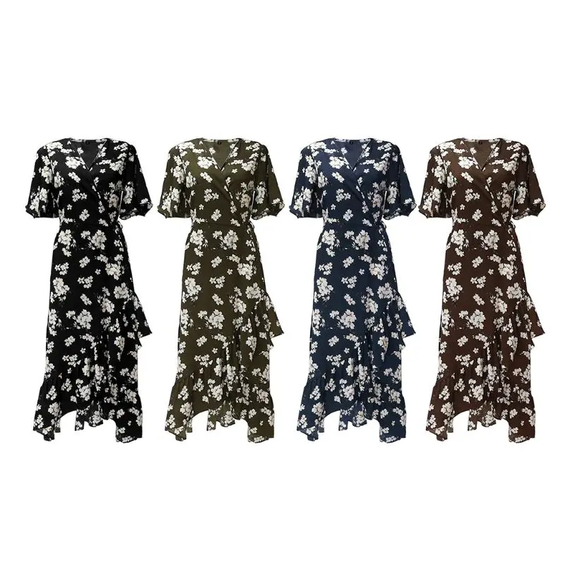 

50JB Womens Half Batwing Sleeve Maxi Dress Boho Floral Printed for Cross Wrap