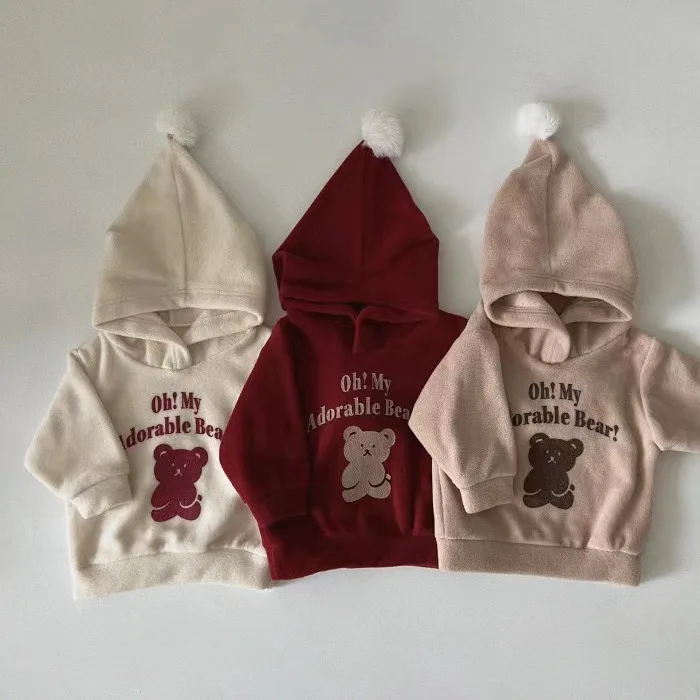 

Autumn Girl Baby Plus Velvet Thicken Christmas New Year Hoodies With Pompoms Kid Boy Cartoon Bear Tops Infant Letter Sweatshirt