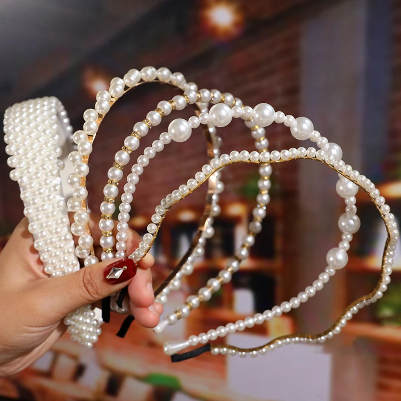 

YADELAI Pearl Headband Women Handmade Woven Pearl Headdress Korean Style Beaded Simple Face Wash Temperament Wild Hair Band