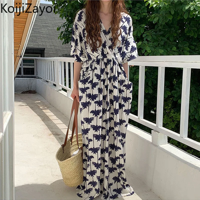 

Koijizayoi Women Summer Beach Maxi Holiday Dress Short Sleeves V Neck Straight Dresses Retro All Match Loose Vestidos Ropa Mujer
