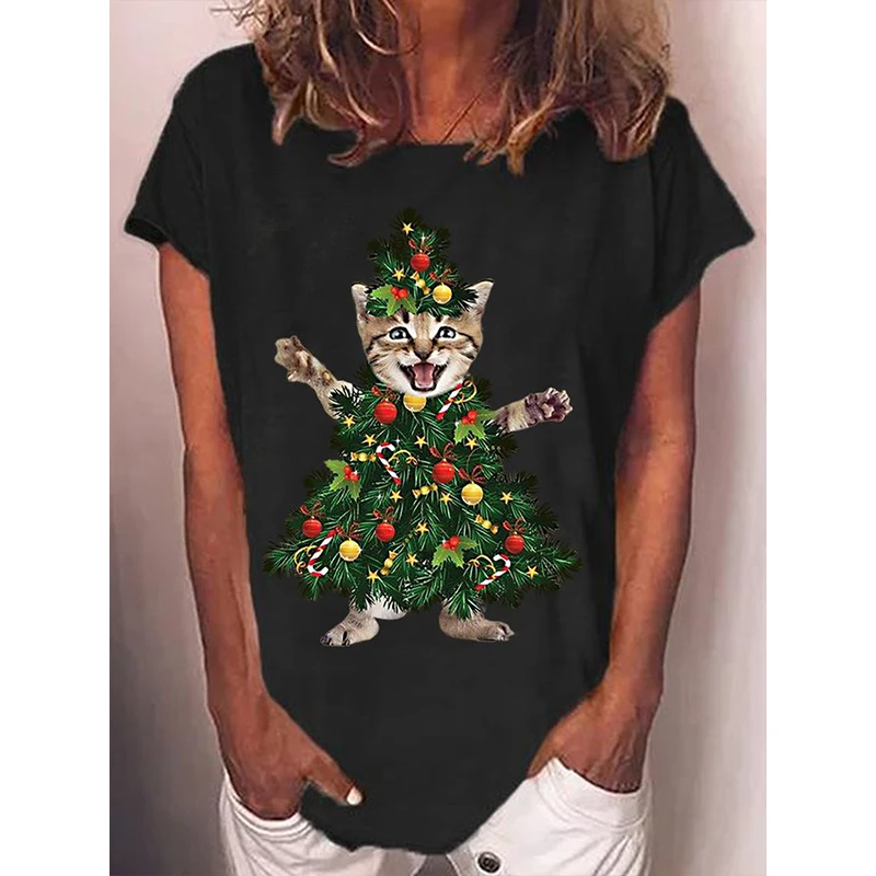 

Rheaclot Christmas Tree Cat Printing Women's Retro Vintage Cotton T-shirt