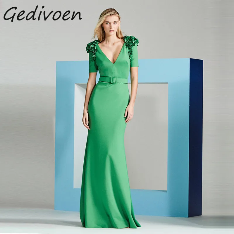 

Женское модельное винтажное платье Gedivoen, Зеленое Длинное Платье макси с V-образным вырезом, аппликацией и присборенной талией