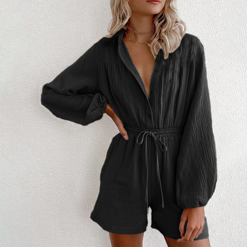 Loose Jumpsuit Long-Sleeved Summer Drawstring Pockets Women Waisted Single-Breasted Cardigan Ladies Sets New Fashion Female Suit