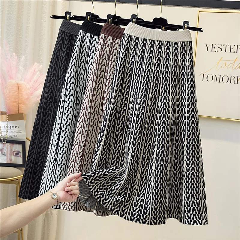 

Autumn Winter Herringbone Knitted Long Skirt Woolen Blend A-line Striped Flared Calf Long Knit Skirt