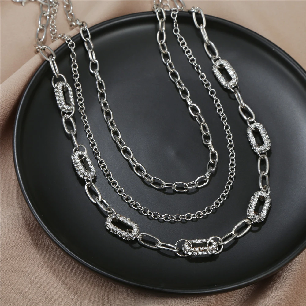 

European and American Popular Fashion Alloy Plating Micro-inlaid Hip Hop Punk Multilayer Necklace Chain Female