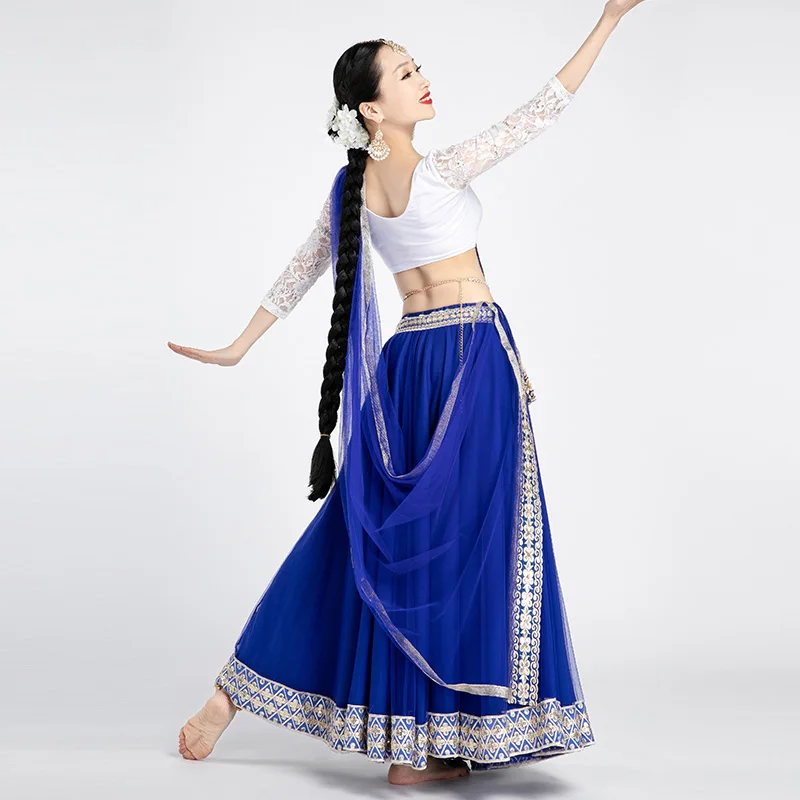 Индийские танцевальные костюмы белая кружевная юбка с длинным рукавом из синей