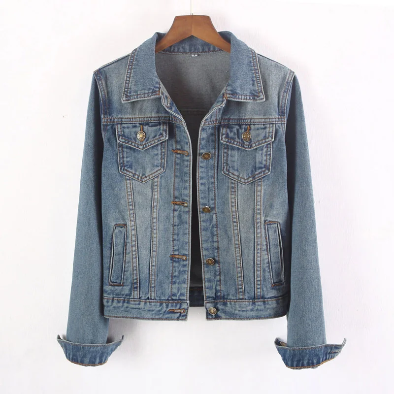 

Harajuku Vintage Washed Blue Slim Short Denim Jacket Women Spring Autumn New Lapel Long Sleeve Jeans Jacket Female Basic Coat