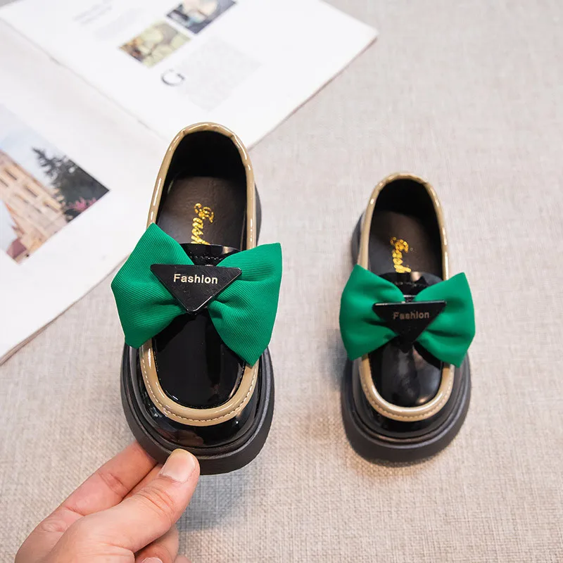 

Japanese Sweet Princess Casual Leather Shoes Bow Kids Round Head 2022 Spring Non-slip Children's Fashion Loafers Glossy Elegant