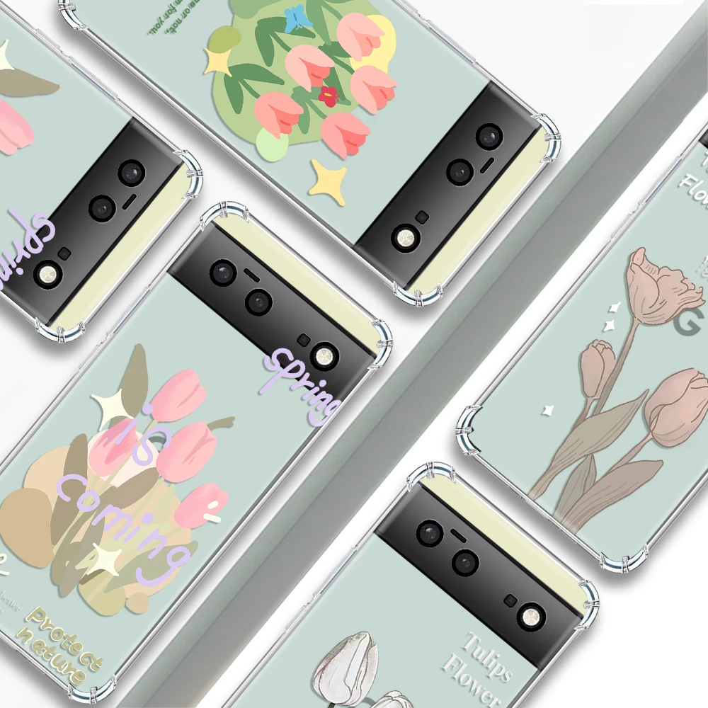 

Cartoon Tulip Garden Transparent Phone Case For Google Pixel 7a 6a 7Pro Cases Shockproof Soft Silicone TPU Cover For Pixel 6 Pro