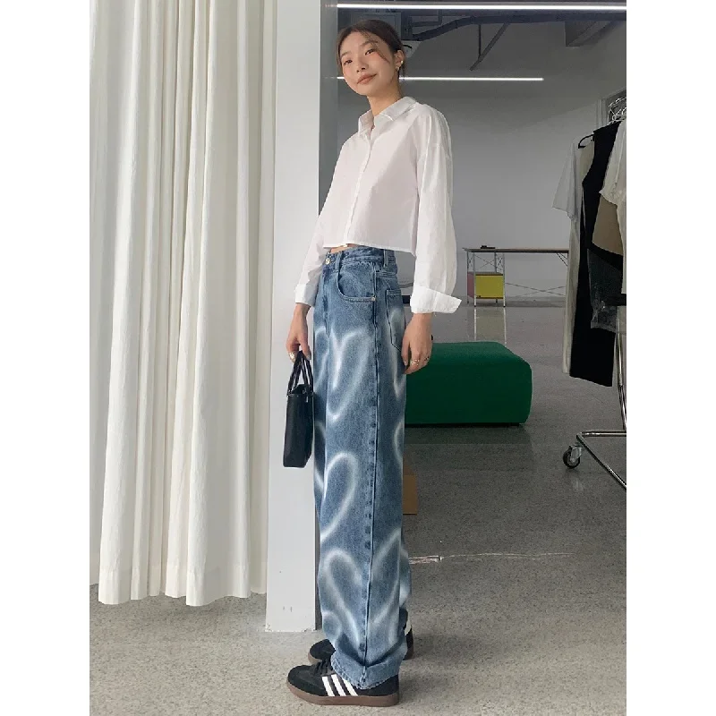 

Heart Graffiti Retro Jeans For Women 2023 Autumn New High Street Fashion Loose Straight Casual Trousers